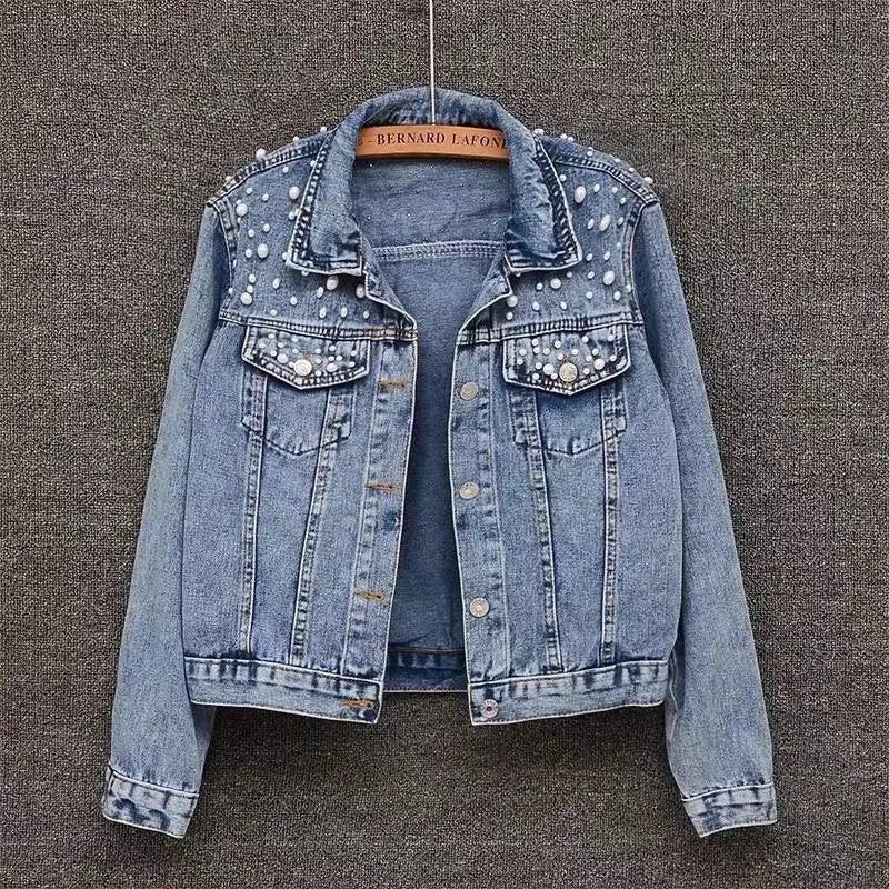 Jaqueta feminina Casual De inverno Jeans Com Pérolas Gola Curta - Promoção de Inverno 2025